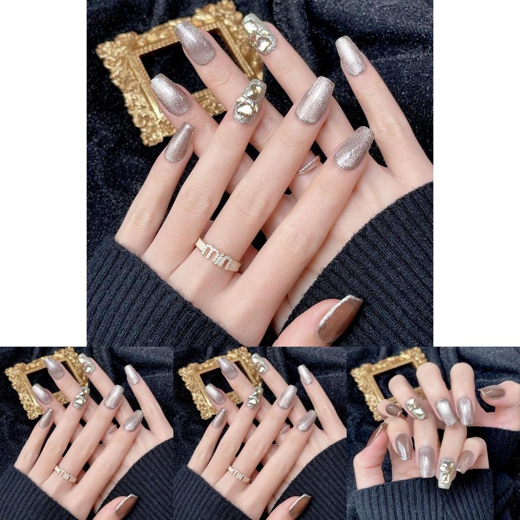 New Autumn And Winter Handmade Nail Stickers Pure Color Cat Eye French Style Flashing Rhinestone False Nails