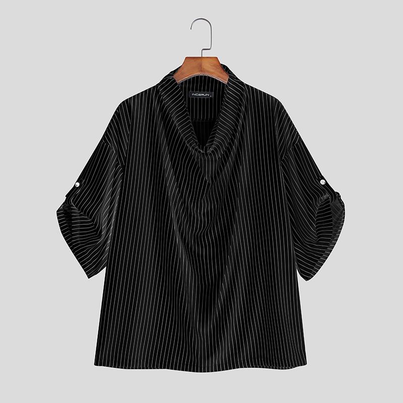 INCERUN Oversized Men Swing Collar Half Sleeve Striped Casual Loose Shirts