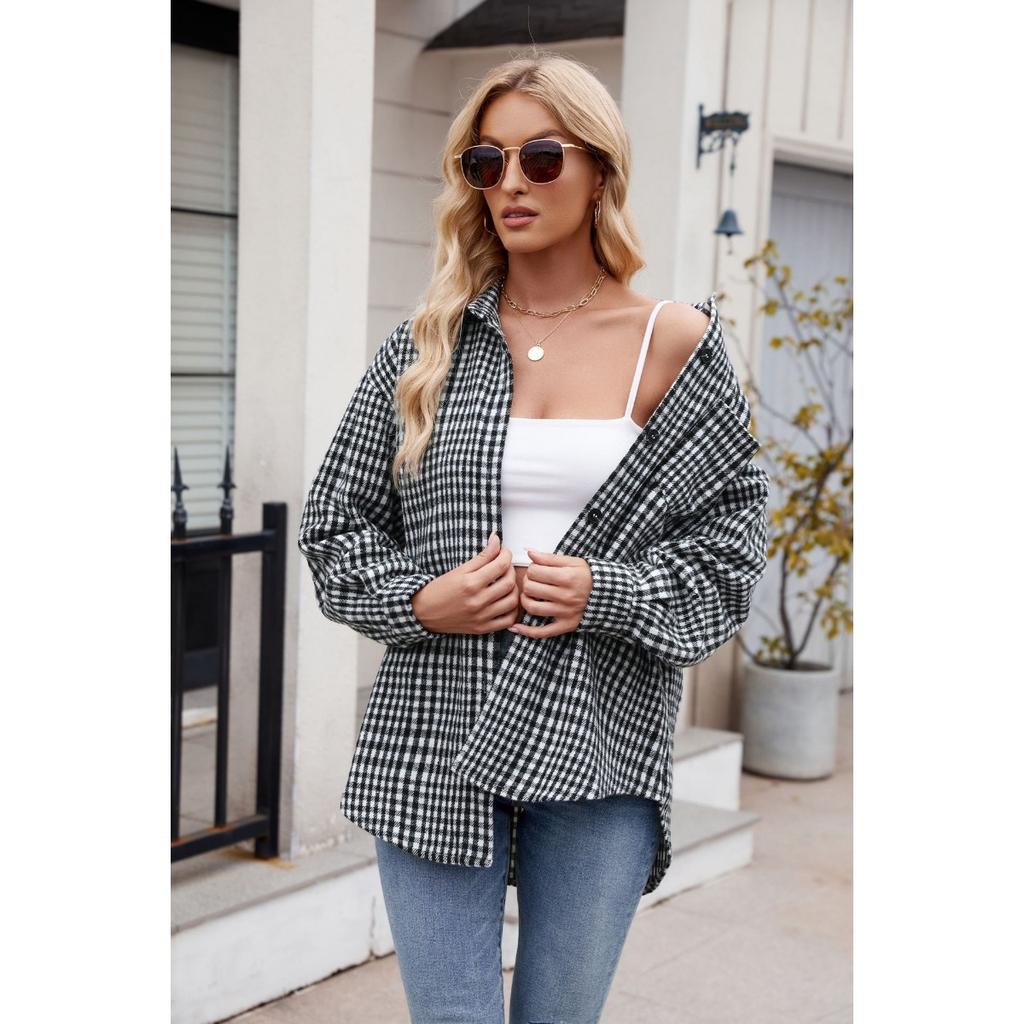 Women's Clothing, Thousand Bird Plaid, Buttons, Flannel, Woolen Shirt