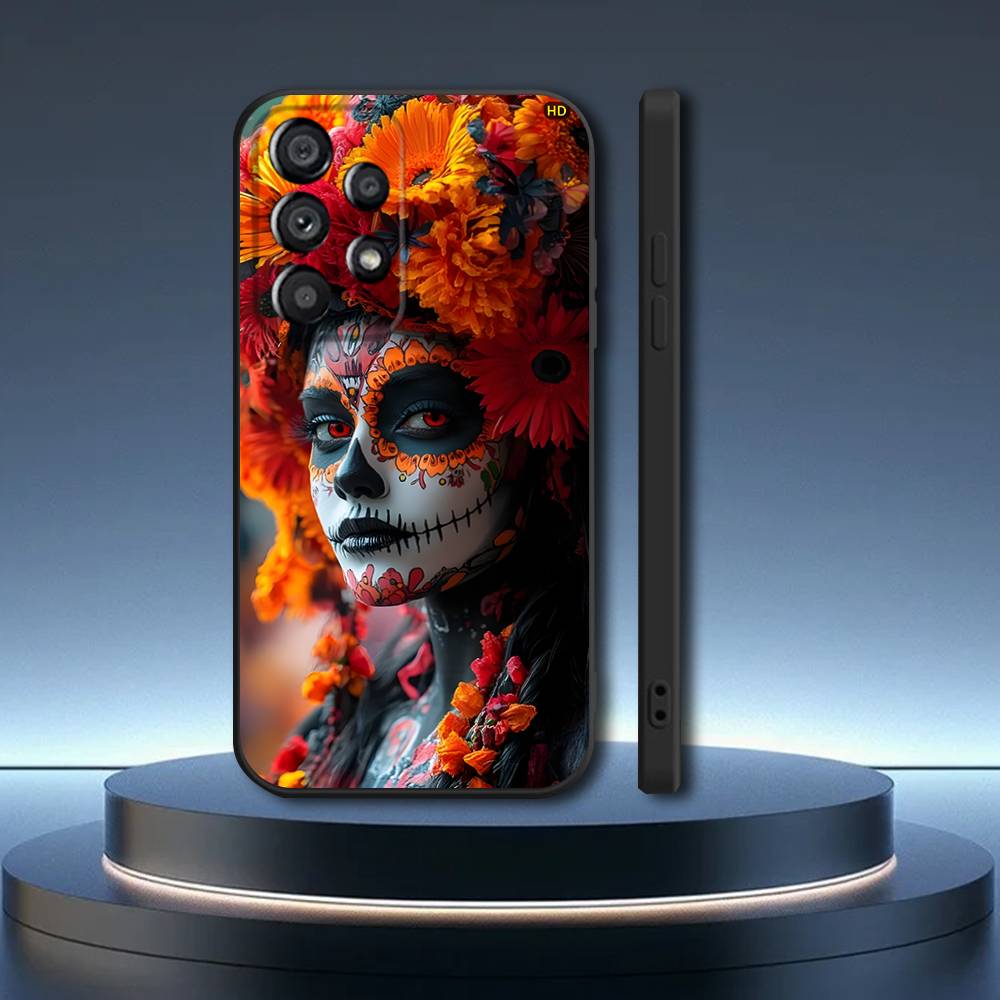 Day of the Dead Mexican Catrina Skull Phone Case For Samsung Galaxy A73,31,32,72,41,53,52,71,22,5G,Note,J7,8,9 Soft Black Cover