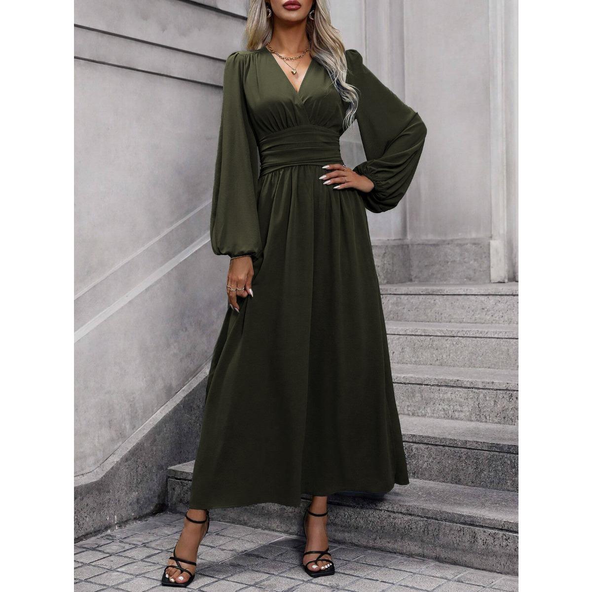 

Women s Autumn Winter Solid Color V-neck Long Lantern Sleeve Smocked High Slit Maxi Dress Casual Party Dress For Women XXL армія зелений колір