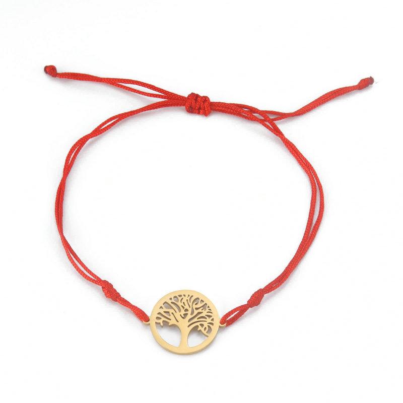 Adjustable Red Cord Bracelet With Hollow Tree Of Life Round Pendant Versatile Metal Chain Jewelry For Women And Men