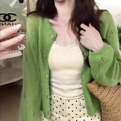 Gentle Wind Hook-up Hollow Green Knitted Cardigan Women's Early Spring New Niche Soft Waxy Comfortable Top