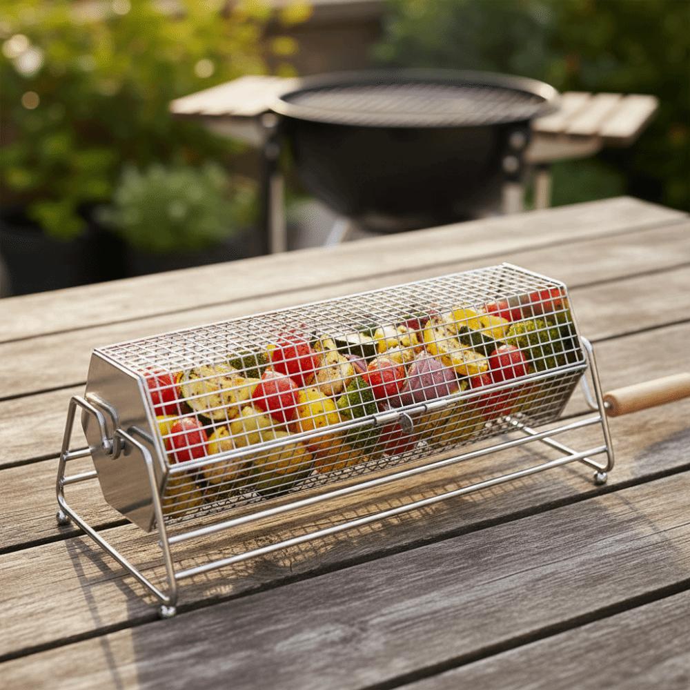 with Wood Handle Rolling BBQ Grill Mesh Basket Stainless Steel Grill Rotisserie Basket Picnic