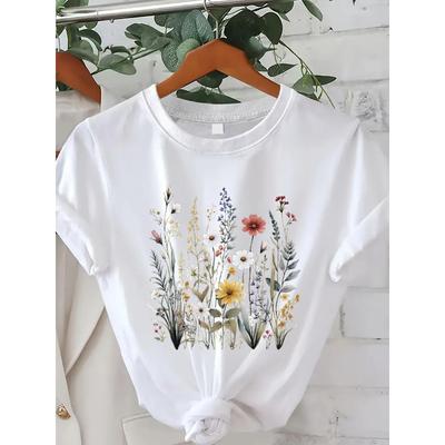 European Size White Patterned Round Neck T-Shirt