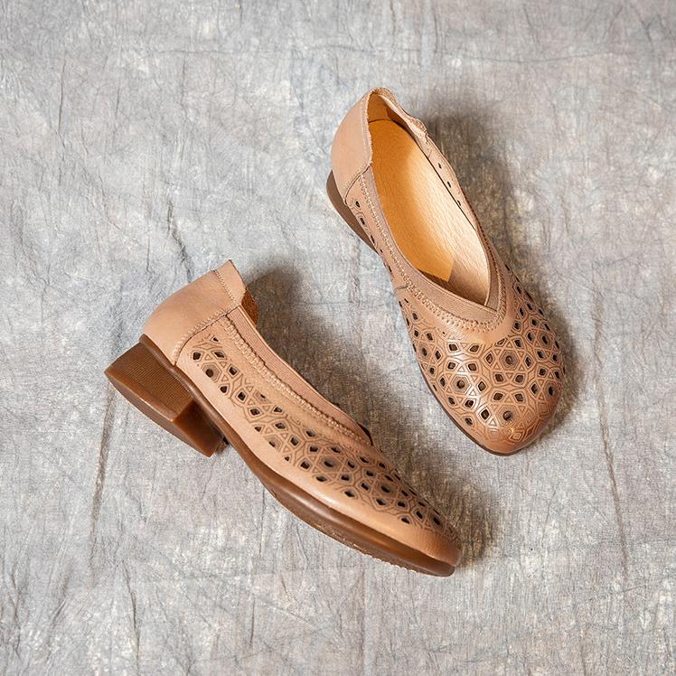 Johnature Vintage Sandaler i Ekte Skinn Slip-on Casual Rund Tå Myk Såle Komfortable Damesko