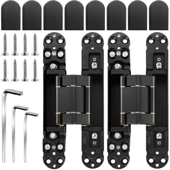 6 inch Hidden Door Hinges (2Pcs) Invisible Hinges for Doors, 180 Degree Swing Concealed Hinges, 3 Way Adjustable & Heavy Duty Hinges(Black)