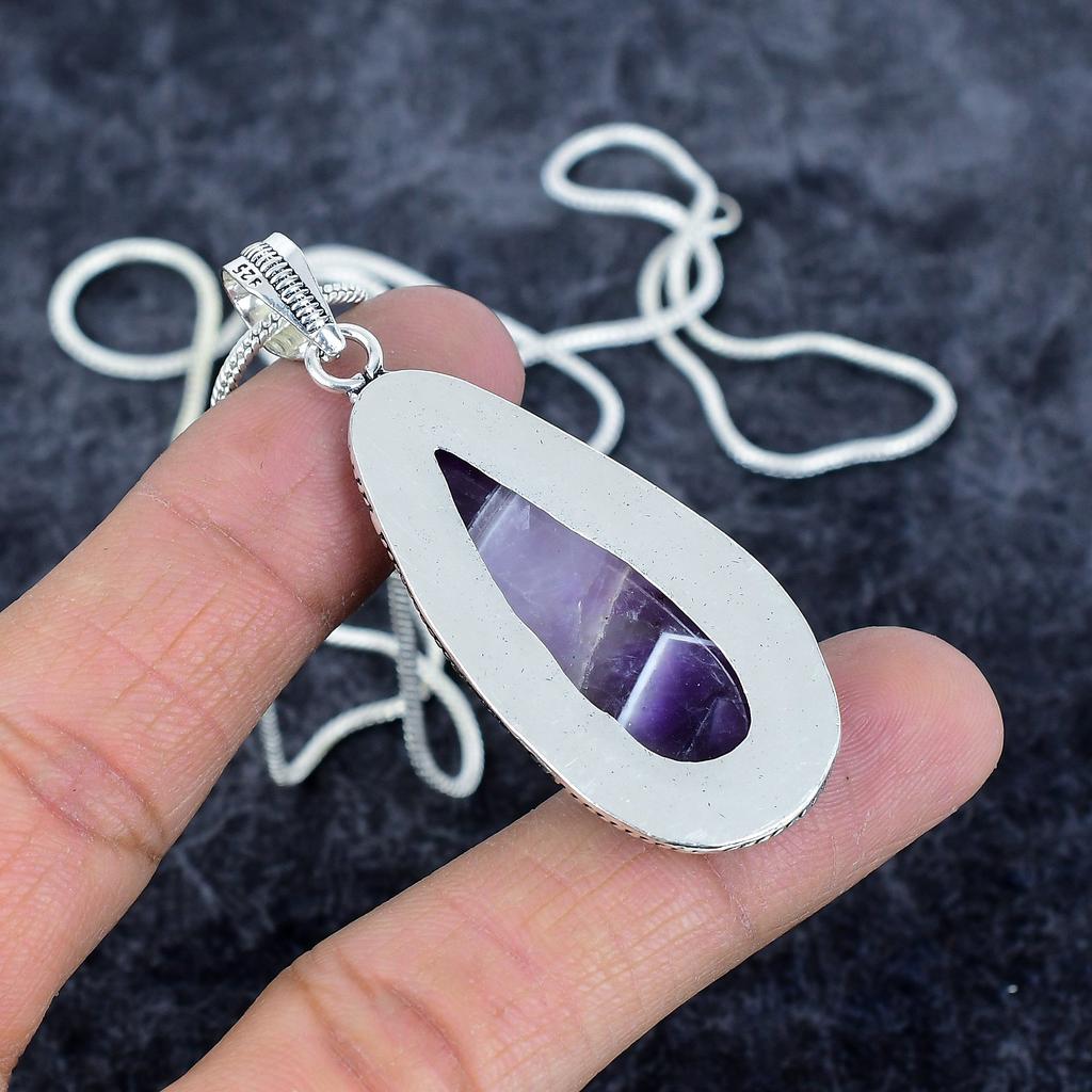 Chevron Amethyst Gemstone 925 Sterling Silver Jewelry Pendant 2.40" M-2942