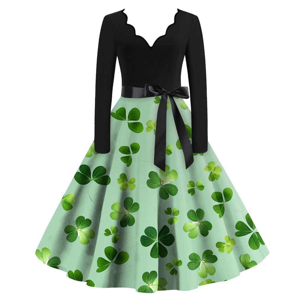 Women's St. Patrick's Day Print V-Neck Slim Fit Long Sleeve Swing Dress