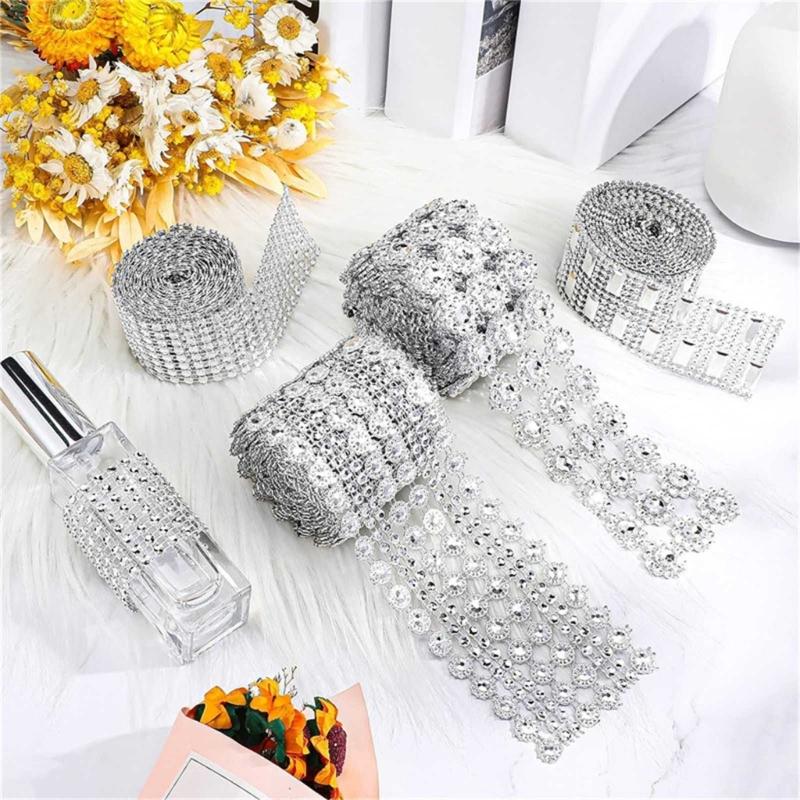 4 Rolls 8 Yards Rhinestones Mesh Ribbon, Sparkling Diamond Ribbon Trim for Art Craft, Birthday Wedding Cake Decoration