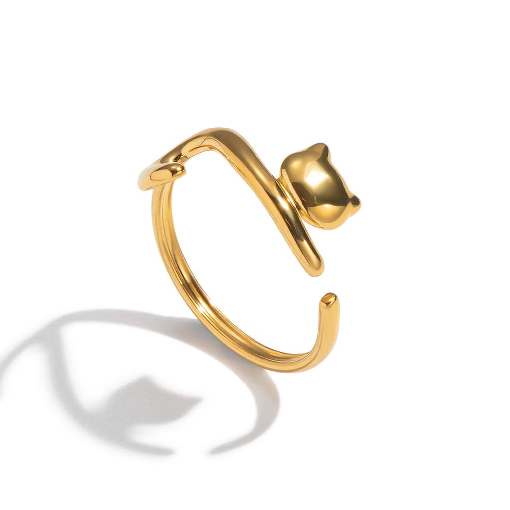 Stainless Steel Dachshund Dog and Cat Rings White Zirconia Inlaid Open Sausage Dog Rings for Women Adjustable Animal Jewelry