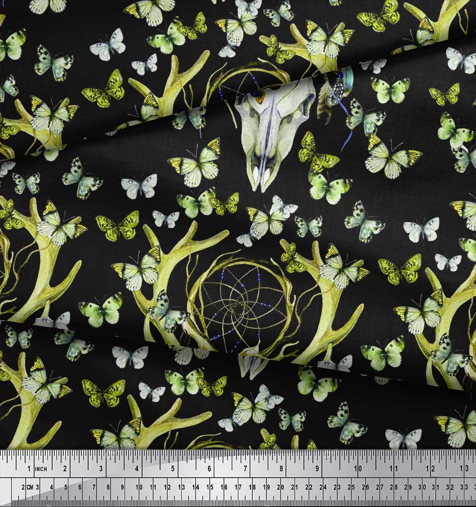 Soimoi Green Japan Crepe Satin Fabric Insect|Dream Catcher & Reindeer Face Animal Fabric Prints by Yard 42 Inch