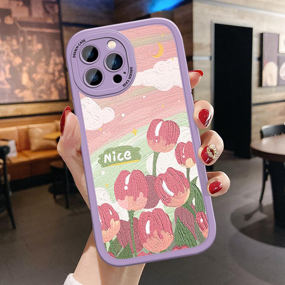Slim Skin Feeling Cartoon Pink Flowers Soft Silicone PU Leather Cover Phone Case for iPhone Samsung Huawei Honor Xiaomi Redmi OPPO Realme Vivo