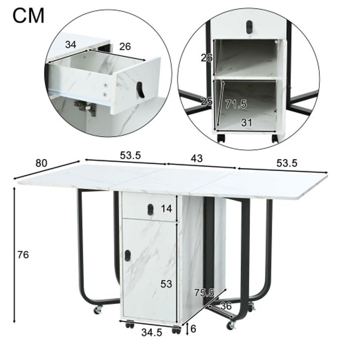 Table De Salle À Manger Pliante - MUVOE - Blanc/Noir - 2 Tiroirs - 60 Kg - Design Élégant