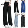 Solid Color High-waist Jeans Women High Waist Button Zipper Closure Vintage Loose Fit Hidden Belly Shape Trousers Pockets Straight Wide Leg Streetwear