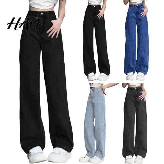 Solid Color High-waist Jeans Women High Waist Button Zipper Closure Vintage Loose Fit Hidden Belly Shape Trousers Pockets Straight Wide Leg Streetwear