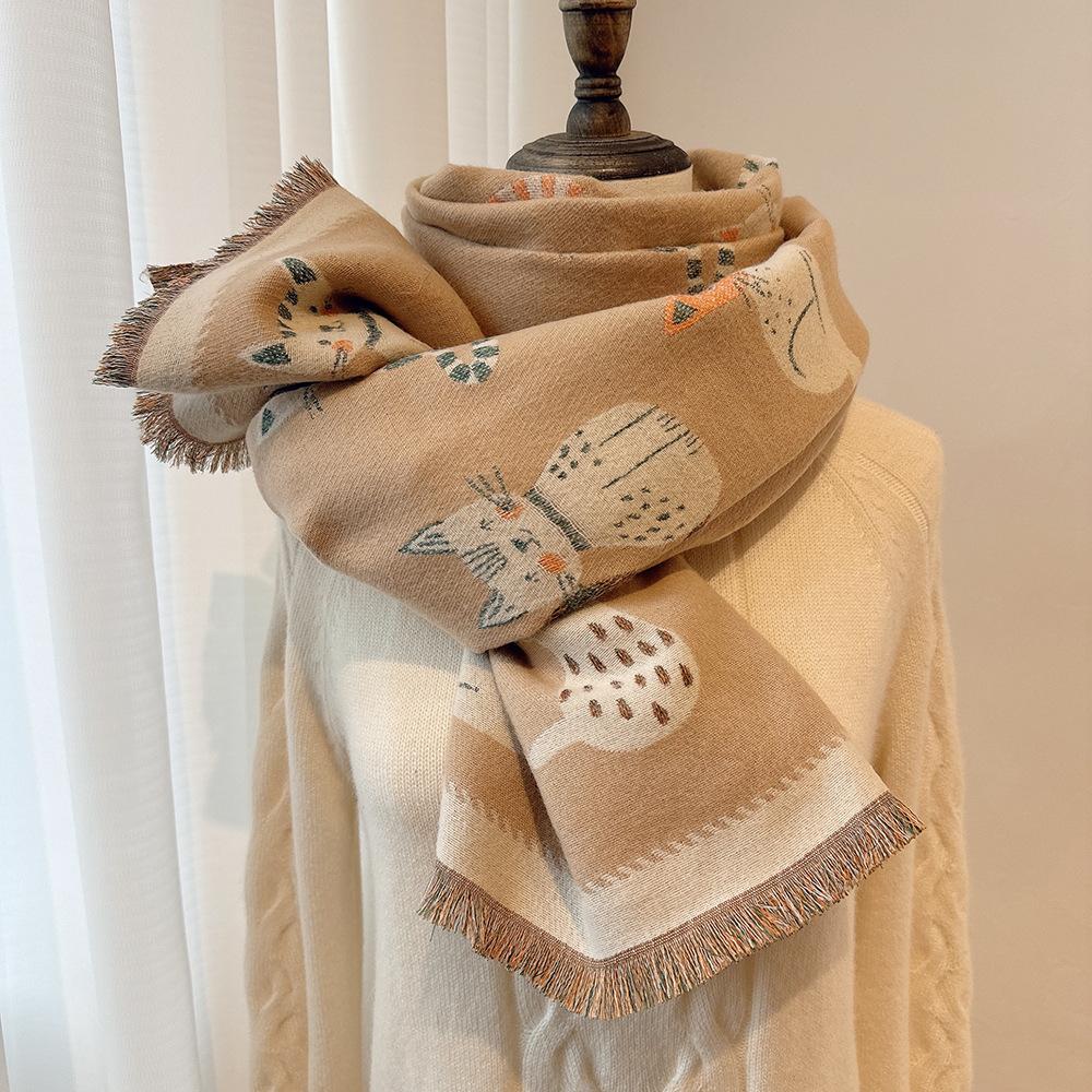 New Double-sided Contrasting Color Jacquard Scarf Women's Winter Warm Fashion Shawl Outer Shoulder and Neck Protection