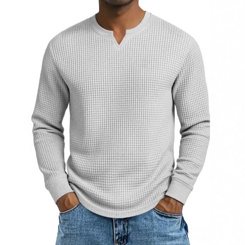 Herren Plus Size Waffel Karomuster Slim Fit Langarm V-Ausschnitt Lässiges T-Shirt