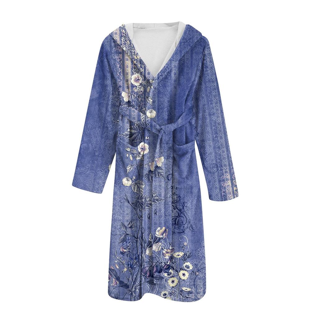 Flanell-Bademantel für Damen und Herren, lange Länge, Blumenmuster, Schnelltrocknend und Saugfähig, Geeignet für Alle Jahreszeiten, Frühling, Sommer, , Winter,