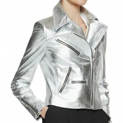 

Женская кожаная куртка из натуральной кожи ягненка, модный серебристый повседневный стиль, ручная работа 3XL серебряный