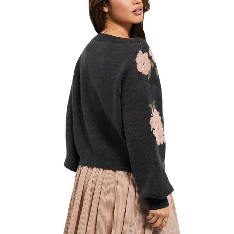 Suéter de punto jacquard floral casual de manga larga para mujer 2025 Europeo