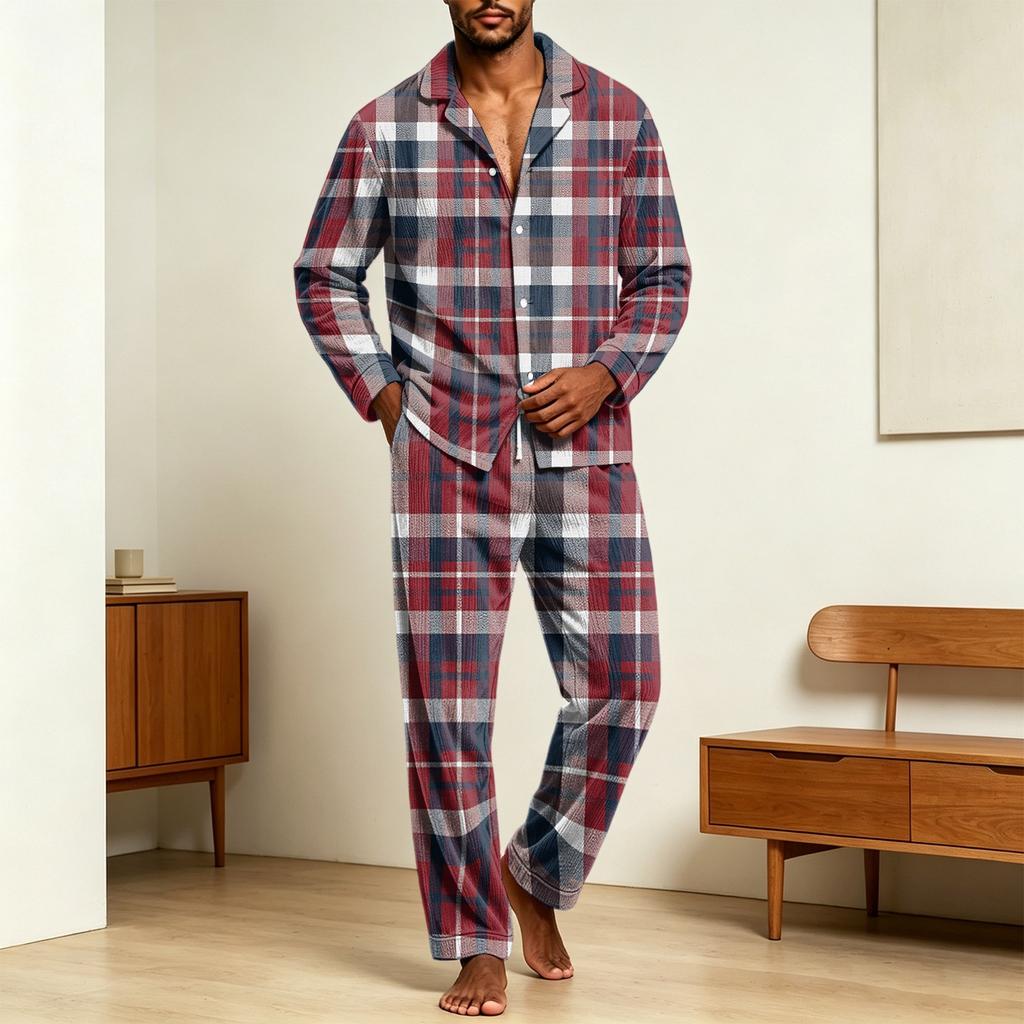 Men's Corduroy Pajama Set - Printed Button Collar Long Sleeve Loose Fit Casual Sleepwear