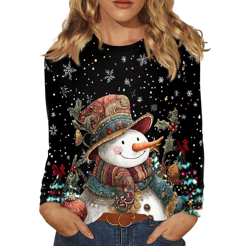 Langermede skjorter for kvinner Søt trykk grafisk t-skjorte Bluser Uformell Pluss størrelse Basic Topper Pullover