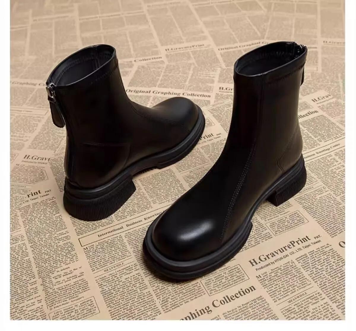 

Ботинки женские нескользящие на открытом воздухе однотонные 2024 новые осенне-зимние женские ботильоны кожаные износостойкие ботинки 39 чёрный