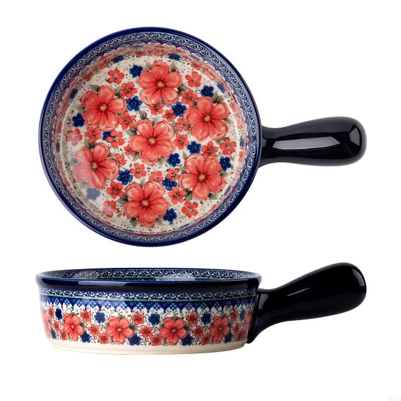 KX4B Retro Binaural Baking Pan Household Hand Painted Salad Plate Ceramic Baking Dish Home Bakeware for Cooking Cake Dinner