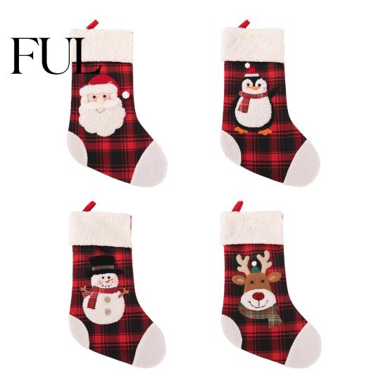 Candy Storage Bags for Christmas Red Black Plaid Stocking, 3D Cartoon Santa/Snowman/Elk/Penguin Patterns Design, Decorative Socks Winter Holidays