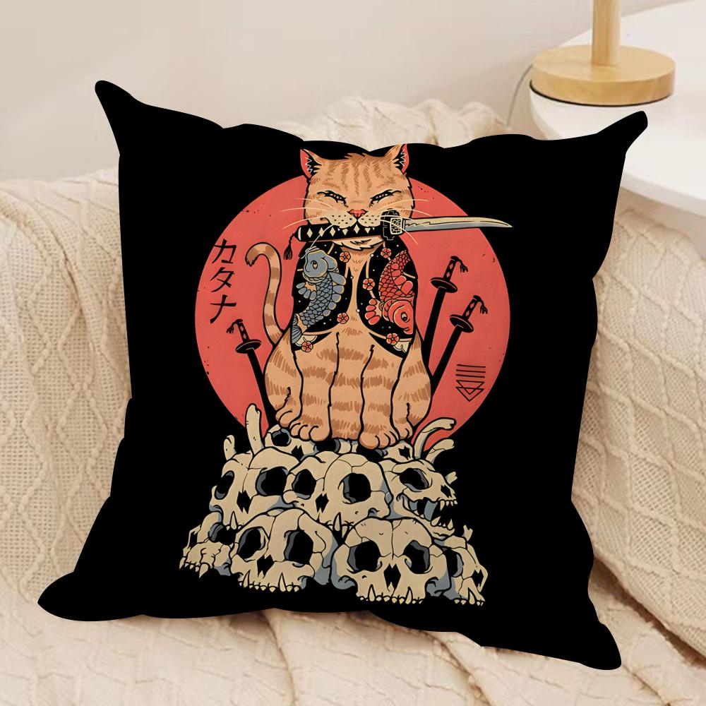 Japanese Style Samurai Cat Cushion Cover Silky Short Plush Invisible Zipper Dustproof Sofa Pillow Case for Home Decor