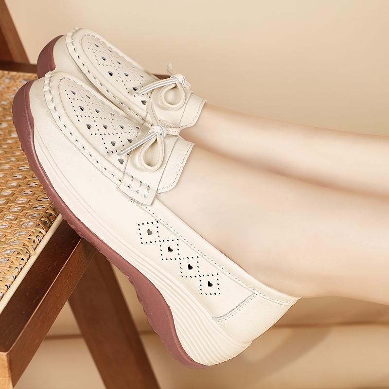 Women Platform Loafers Grey Summer Hollow Casual Elegant Leather Shoes Thick Sole Height Increase Shoes