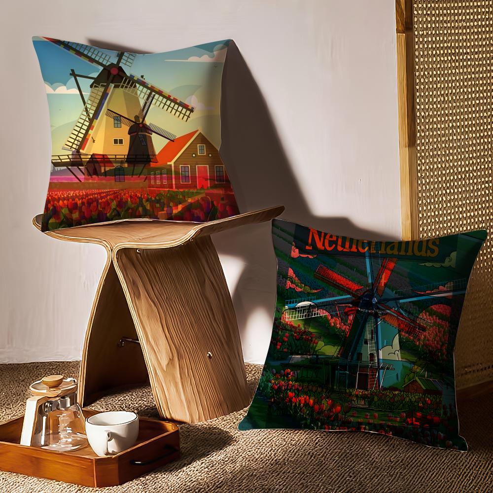 Dutch Windmills & Tulips Cushion Cover Anti-dustmite Pillowcase Invisible Zipper Silky Short Plush Sofa Cushion Cover