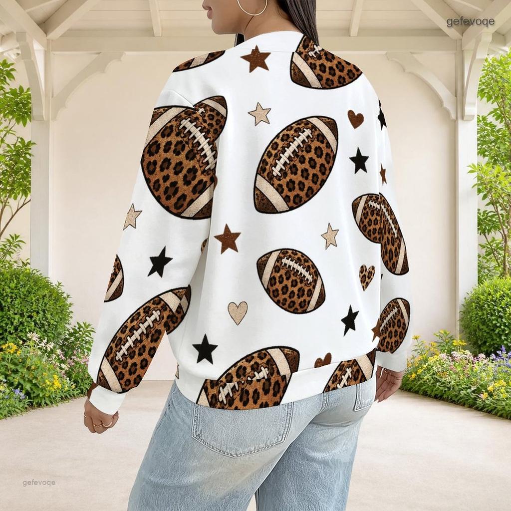Women Plus Size White Leopard Heart Lock Printed Baseball Collar Long Sleeve Jacket With Pockets