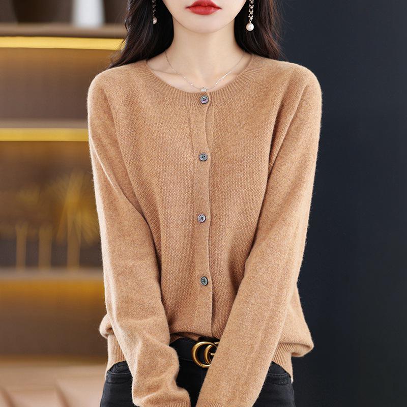 Women's Round Neck Knit Cardigan - Korean Style Loose Sweater, Garter Stitch Outerwear for Spring and Autumn