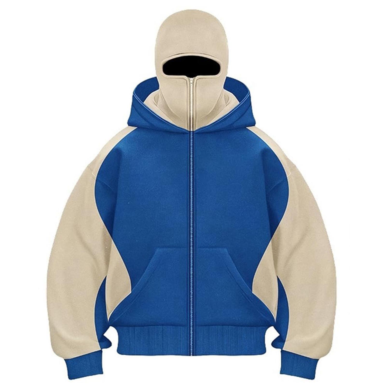 

Мужской кардиган с двойным капюшоном, колор-блок, свободный, модный, на молнии XXL синий