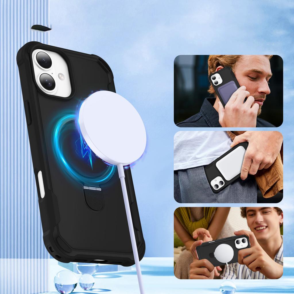 For iPhone 16 Case Compatible with MagSafe Kickstand TPU+PC Shockproof Phone Back Cover