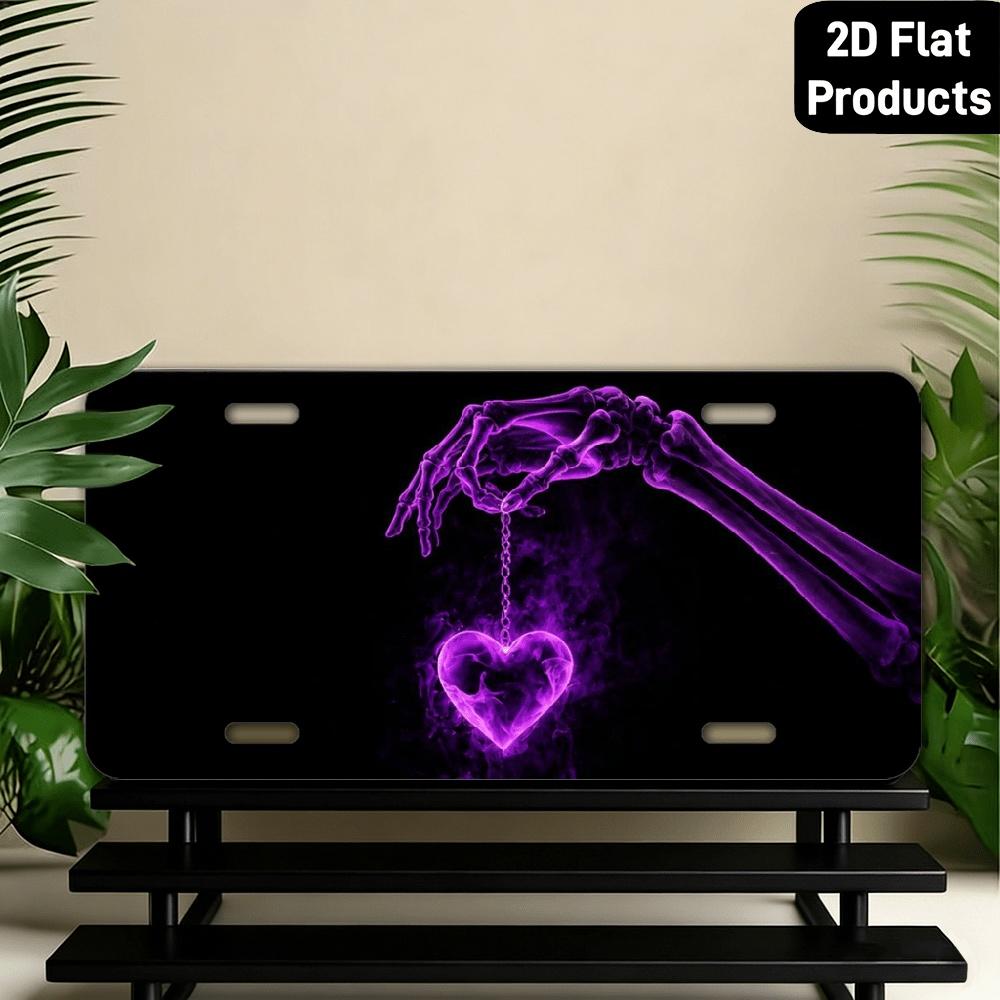 2D Flat, for Decorative Purposes Only 2D Flat License Plate Cover And Frame Frame with Skull And Purple Heart Design for Front Decoration, 12in X 6in,