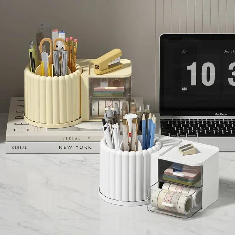 2 in 1 Creative Rotating 360° Pen Holder with Cosmetic Storage Box Student Storage Box Pen Holder Shelf  Makeup Organizers