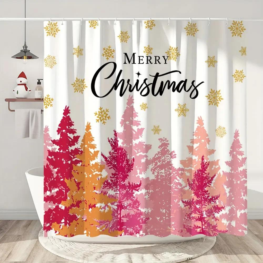 Happy Christmas Holiday Shower Curtain Christmas Tree Cedar Holiday Gift Polyester Home Shower Curtain Bathroom Decor with Hooks