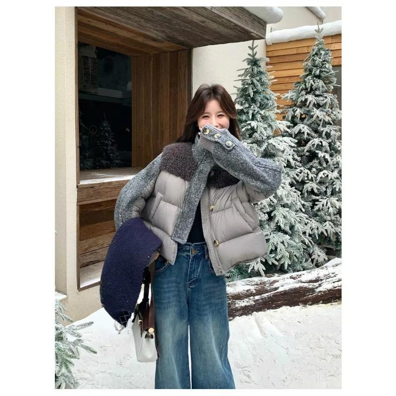 Fashion Woolen Spliced Down Padded Jacket Women's Winter Short Coat Loose Parkas Thicken Warm Stand-collar Outerwear