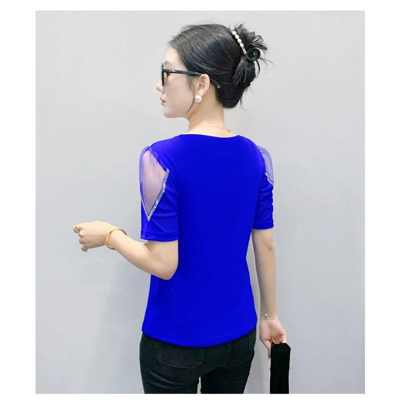 Summer V Neck Mesh Korean Fashion Patchwork Diamond Shirt Short Sleeve Women T Shirt