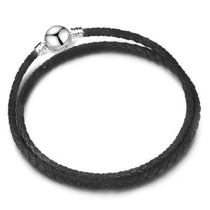 Silver Color Round Clasp Shaped Leather Chain Charm Bracelet Fit Beads DIY Brand Bracelet Bangle for Women Men Gift Dropshipping