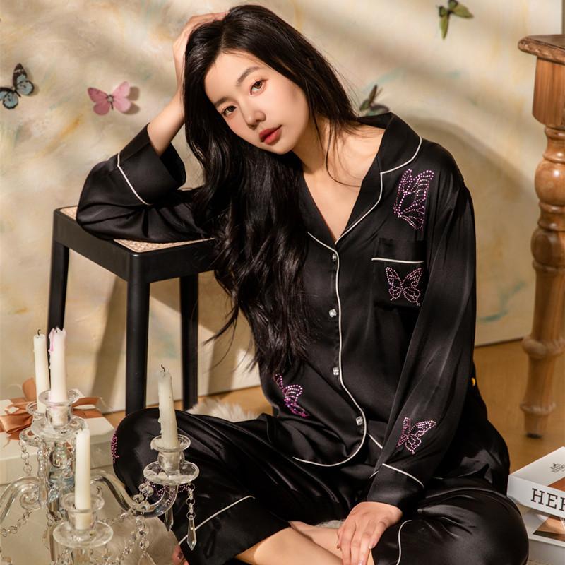 New ice silk pajamas women's spring and autumn thin high-end butterfly heavy industry hot diamond long-sleeved loungewear suit