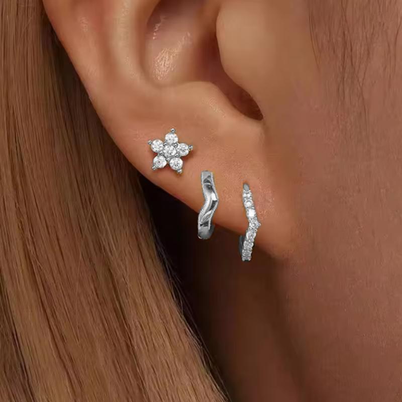 3PCS Crystal Flower Tragus Stud Earring Set Women Fashion Square Huggie Hoop Earring Bulk Cartilage Helix Jeweley Lobe Piercing