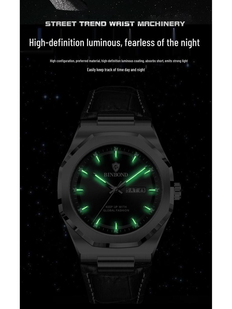 Binbang Men's Luminous Waterproof Quartz Watch with Calendar - Trendy Korean Style