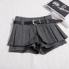 Womens Shorts Autumn Winter Belt High Waist Fluffy Pleated A-line Skirt Korean Fashion Sexy Y2k All Match Clothes