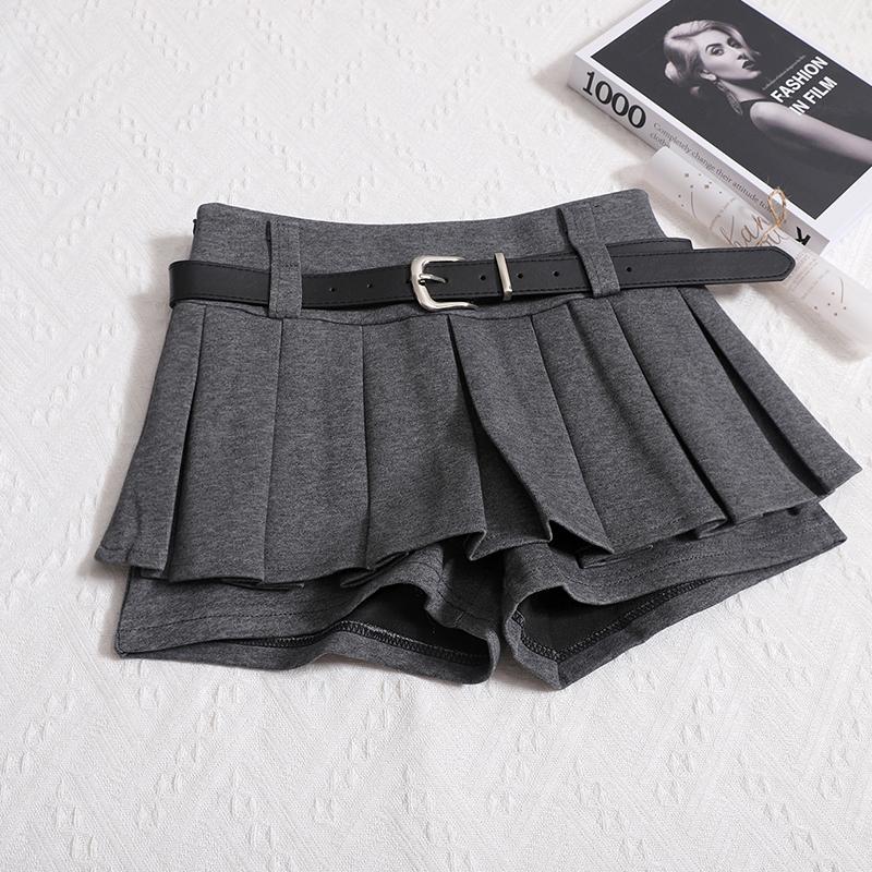 Womens Shorts Autumn Winter Belt High Waist Fluffy Pleated A-line Skirt Korean Fashion Sexy Y2k All Match Clothes