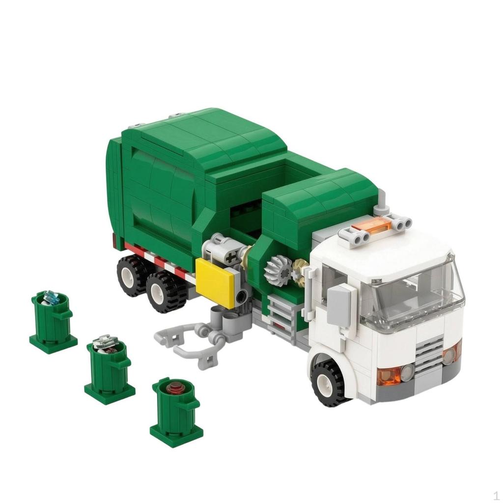 Garbage Truck with Trash Bins Small Building Brick Vehicle Model Miniature for