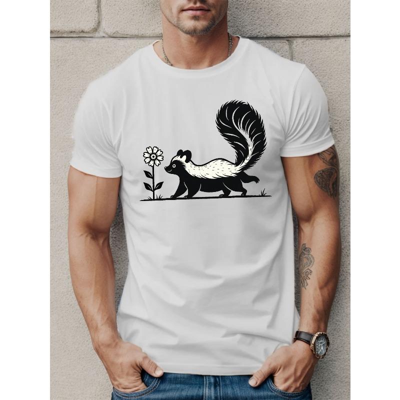 

European Size Men S Black Short Sleeve T-Shirt with Skunk and Daisy Graphic - Casual Summer Top, cotton, Round Neck, Regular Fit, Casual Summer Wear S белый